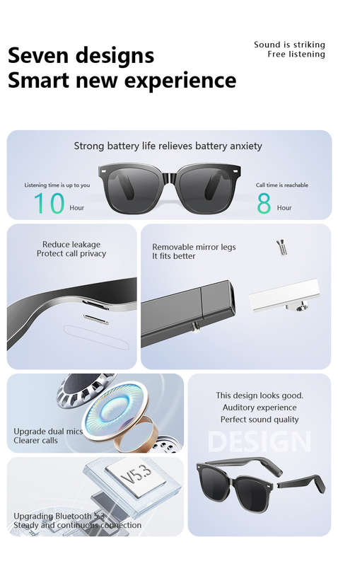 8 Stunden Musikzeit Ultralicht BT 5.3 Bluetooth Smart Brille mit Anruf 110mAh*2 Kapazität